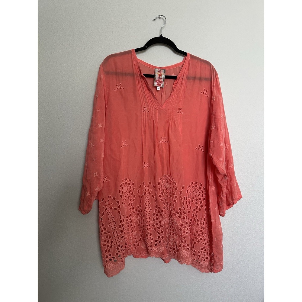 Johnny Was XL Coral Pink Cupro Rayon Embroidered Eyelet Tunics Boho Top Blouse